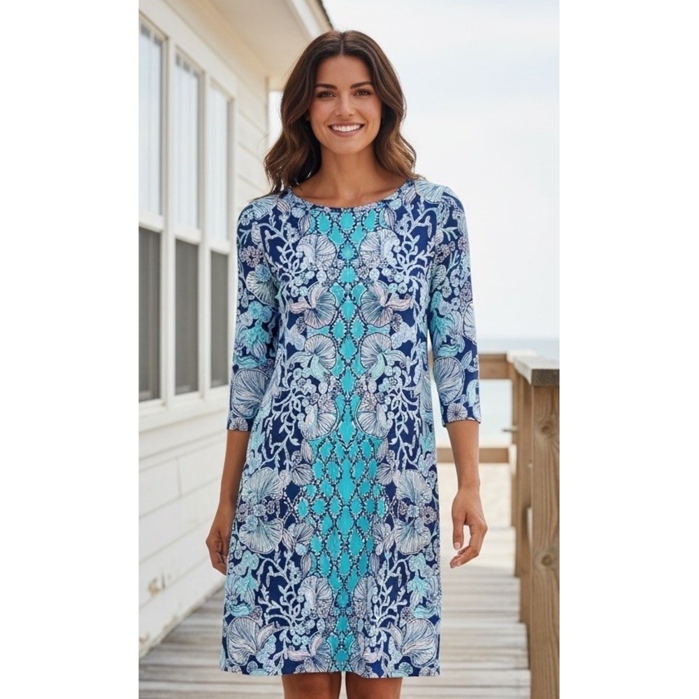 LILLY PULITZER L Dress BAY LAPIS LAZULI Biggest Fun Blue Size Large Long Sleeve